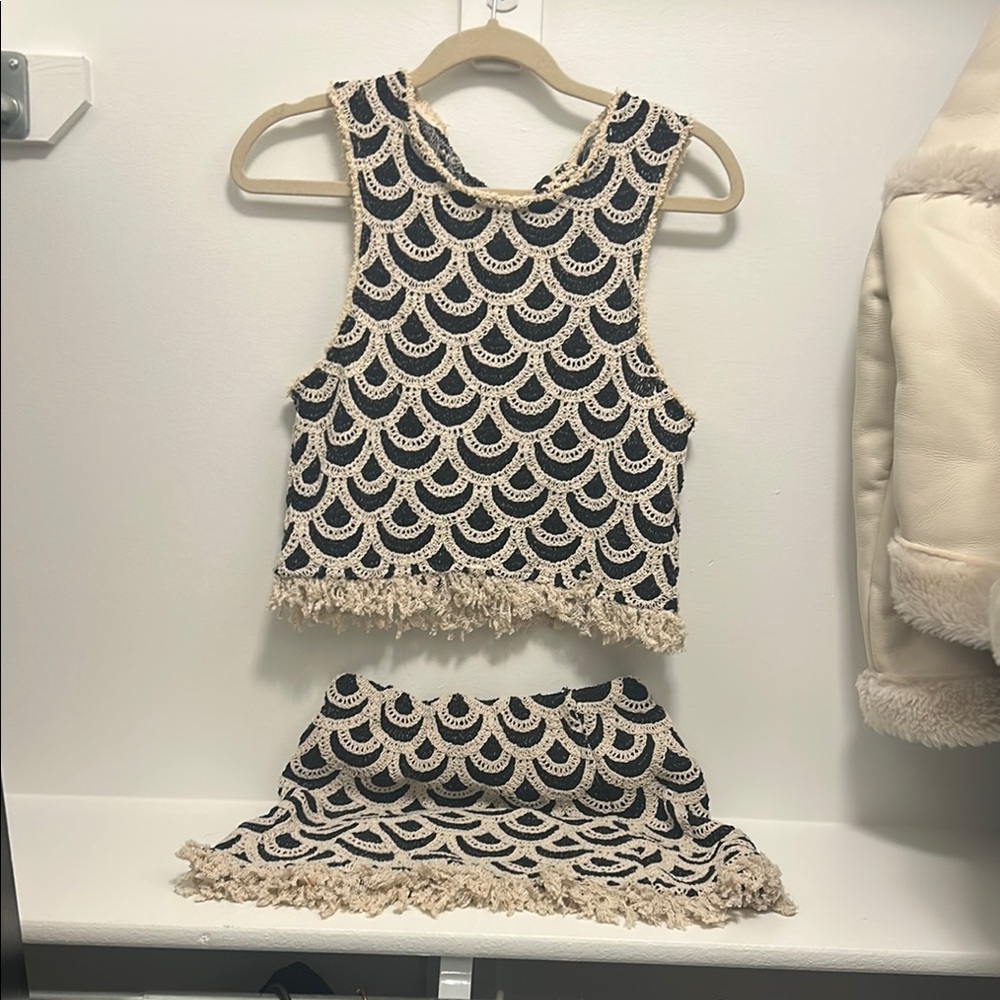 Mango Black and Cream Crochet Skirt Set